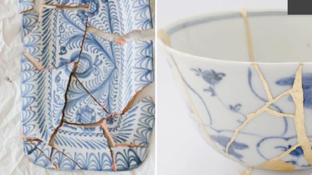 Kintsugi pottery, which is repaired with gold lacquer to highlight its flaws, is another example of the Wabi-Sabi design philosophy.