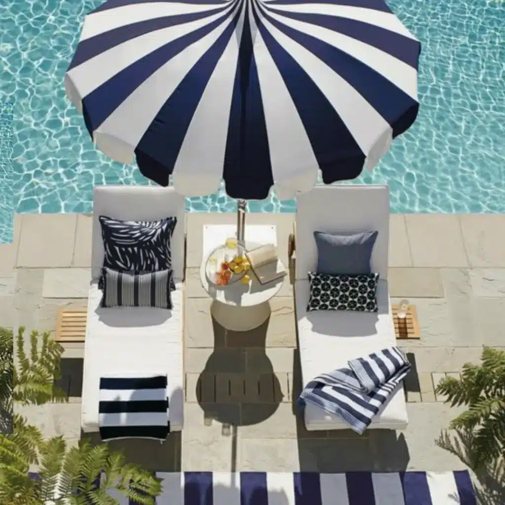 Warm white pool with navy blue decor